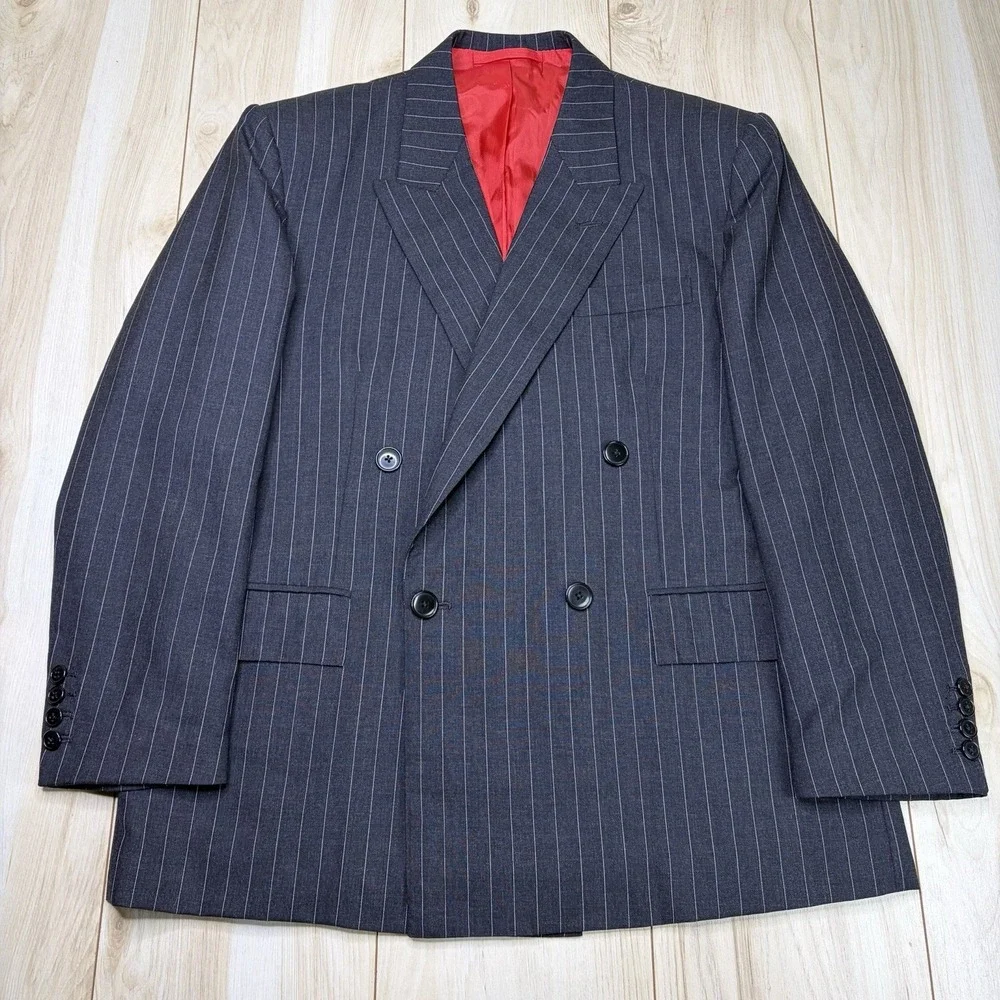 VTG 90s Double Breasted Pinstriped Gray Wool Suit Mens 42S Slim 38x30 ASPERS